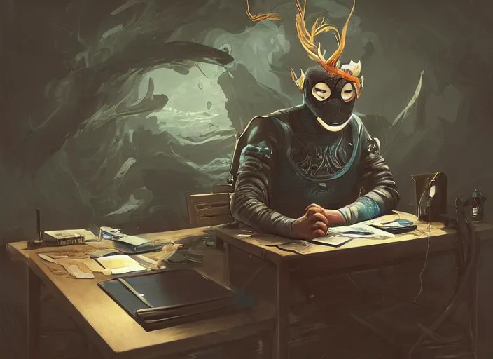 Image similar to an insanely detailed painting of an asian man wearing a homemade superhero costume, sitting at a desk, staring seriously at the computer and typing, in the style of peter mohrbacher, james jean, artgerm, dramatic lighting and composition, surreal background, octane render, pixar, trending on artstation, concept art, comic book, view from behind, 8 k