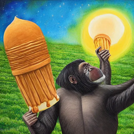 Prompt: a detailed art painting chimpanzee photograph of two chimpanzees!!! worshiping a giant ice cream cone sent by aliens that chimpanzees are worshiping, at dawn. by digital artists.