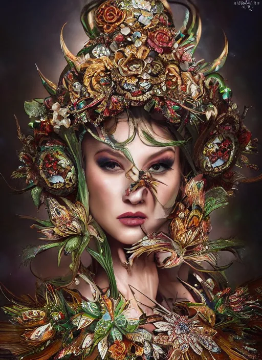 Image similar to expressive full body photo of a female model, ornate headpiece made from flowers, ornaments, glamour shot, by karol bak, by stefan gesell, photorealistic, canon r 3, fashion photography, hyper maximalist, elegant, ornate, luxury, elite, environmental portrait, symmetrical features, octane render, unreal engine, solid dark grey background, dramatic lights