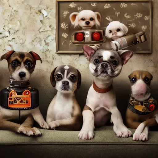 Image similar to closeup portrait of little dogs with bazooka retro living room of dog family, depth of field, zeiss lens, detailed, centered, fashion photoshoot, by nicoletta ceccoli, mark ryden, lostfish, breathtaking, 8 k resolution, extremely detailed, beautiful, establishing shot, artistic, hyperrealistic, octane render,