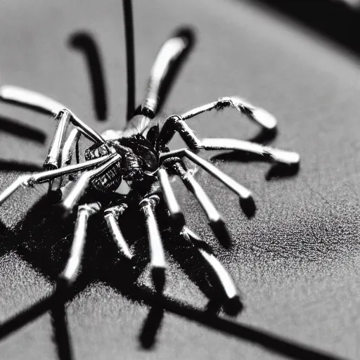 Image similar to macro photograph of a miniature mechanical spider made of silver