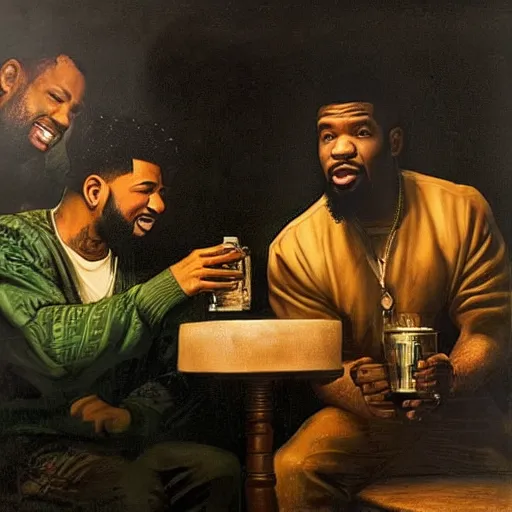 Image similar to 2 1 savage and 5 0 cent and drake huddled around a table with a lantern in a dark pub like in the denial of st. peter by gerard seghers