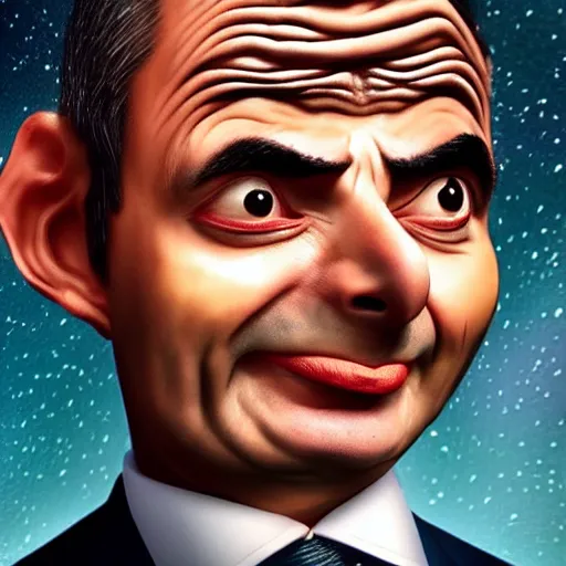 Prompt: beautiful astrotheology esoteric occult art of bionically accurate Mr Bean , award winning high resolution hyper realistic 4k 8k 16k