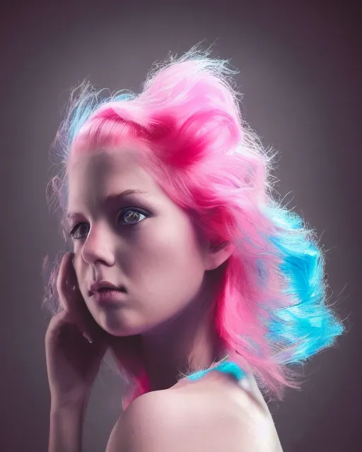 Image similar to a dramatic lighting photo of a beautiful young woman with cotton candy hair. with a little bit of cyan and pink