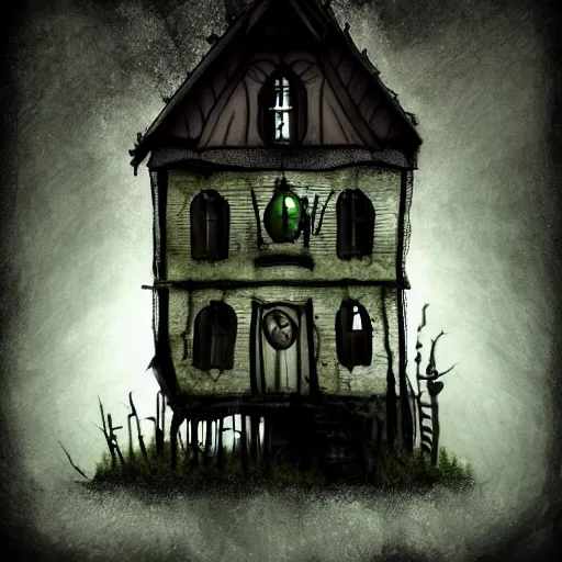 Prompt: strange darkness house inspired by Tim Burton, (by Tim Burton) dark forest background, mist, fog, volumetric lighting