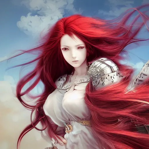 Image similar to a long - red - haired female knight as an absurdly beautiful, elegant, young sensual anime girl, floating in the sky, ultrafine hyperrealistic detailed face illustration by kim jung gi, irakli nadar, intricate linework, sharp focus, bright colors, matte, final fantasy, unreal engine highly rendered, global illumination, radiant light, intricate environment