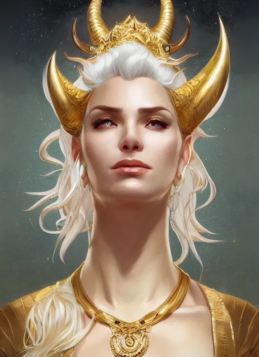 Image similar to fullbody!! dynamic movement pose, beautiful woman with white hair, big natural horns on her head, gold jewellery, dnd, face, fantasy, intricate, elegant, highly detailed, digital painting, artstation, concept art, smooth, sharp focus, illustration, art by artgerm and greg rutkowski and alphonse mucha