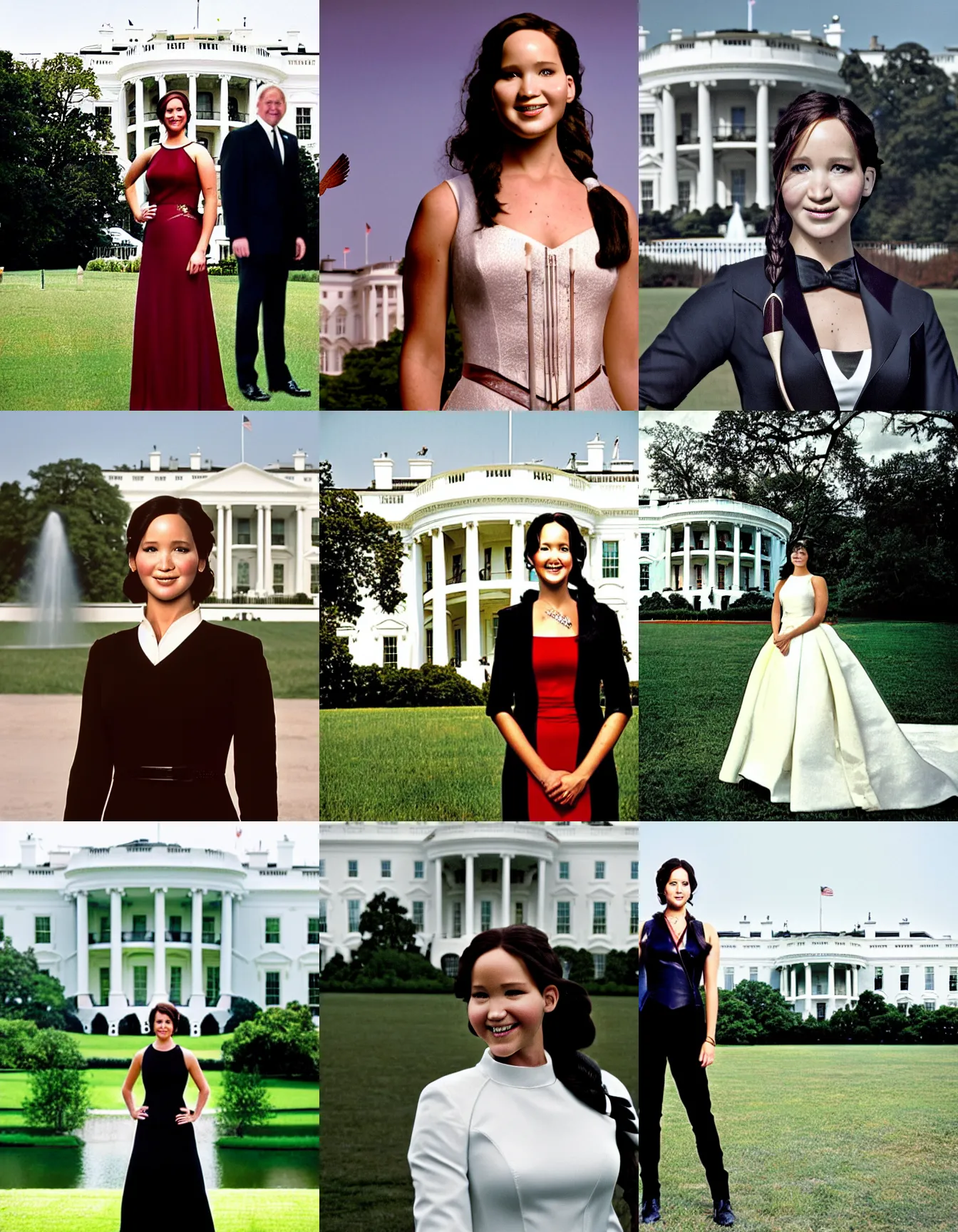 Prompt: katniss everdeen as the president of the united states, wearing a formal dress, smiling for the camera, white house in the background, photography by steve mccurry