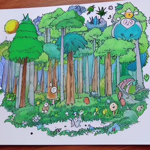 Prompt: Whimsical forest, in the style of studio ghibli, hand drawn