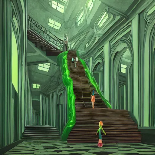 Image similar to a green slimegirl in a bright white hallway with many doors and many stairs, Mc Escher architecture, epic composition, by Makoto Shinkai