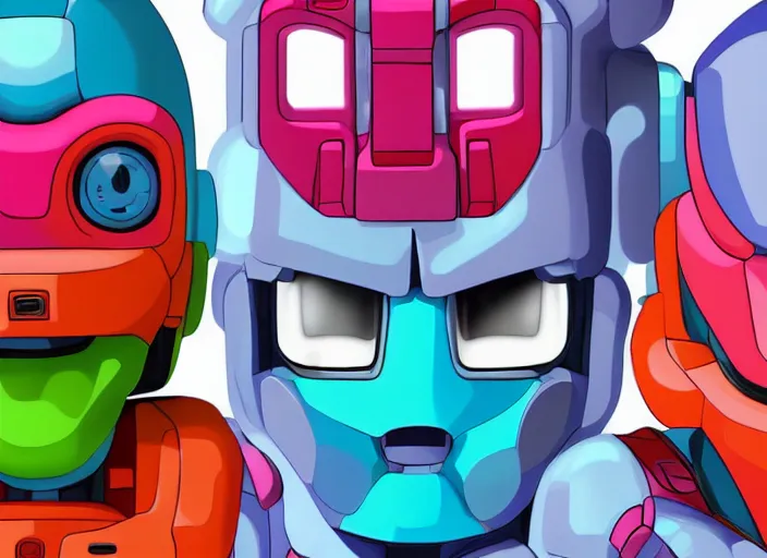 Prompt: 3 rows of 3 framed closeup colorful 3 d - rendered face portraits of cute evil robots from mega man, with a futuristic mechanical background.