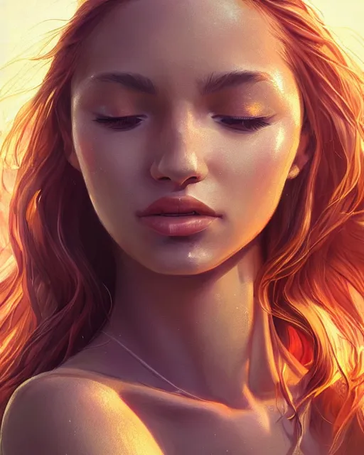 Image similar to summer vibes, beautiful sun tanned goddess portrait, flowy sunkissed hair, sun, summer, cinematic lighting, highly detailed, digital painting, trending on artstation, pixiv, concept art, sharp focus, illustration, art by ross tran and wlop