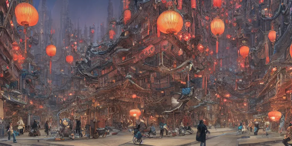 Image similar to a Chinese steampunk city, art by James Jean and Wayne Barlowe, ultra wide angle, trending on artstation