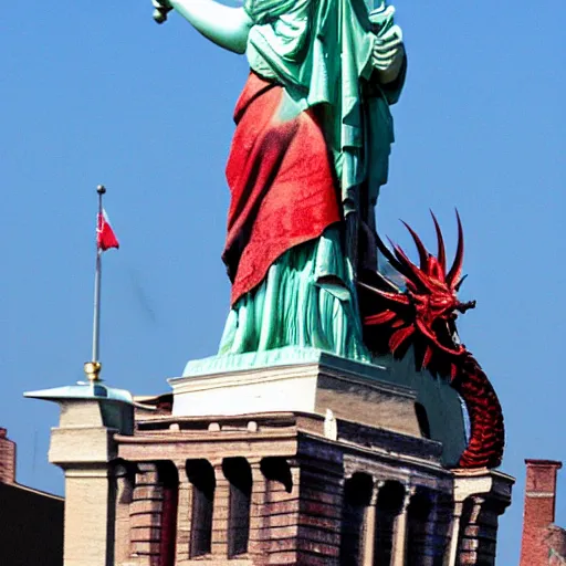 Image similar to Lady Liberty sitting on the back of a red dragon