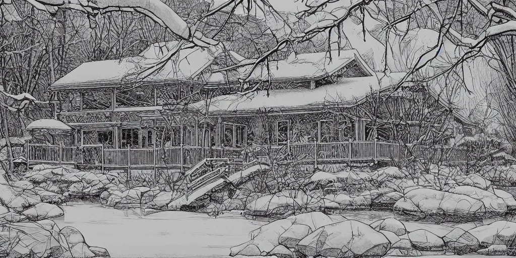 Prompt: line art of a lakehouse in the winter, manga panel, high detail,