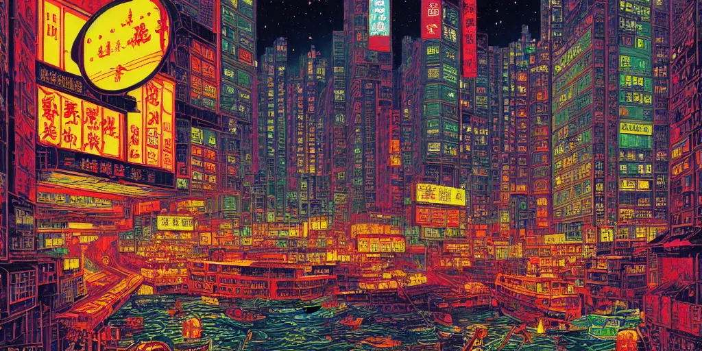 Prompt: artwork of hong kong by dan mumford and toshi yoshida and peter doig, vintage scifi, highly detailed, dramatic lighting, 8 k