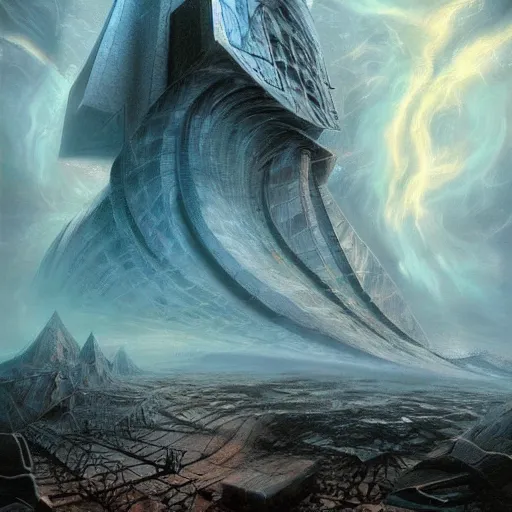 Image similar to An abstract thought, a concept of art, a magical light in the dark + detailed matte painting + action painting, concept art, geometric abstract art + a landscape masterpiece by Jim Burns