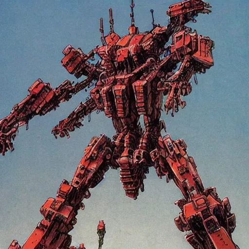 Image similar to a giant mecha defending the city, designed by hideaki anno, drawn by tsutomu nihei, and painted by zdzislaw beksinski