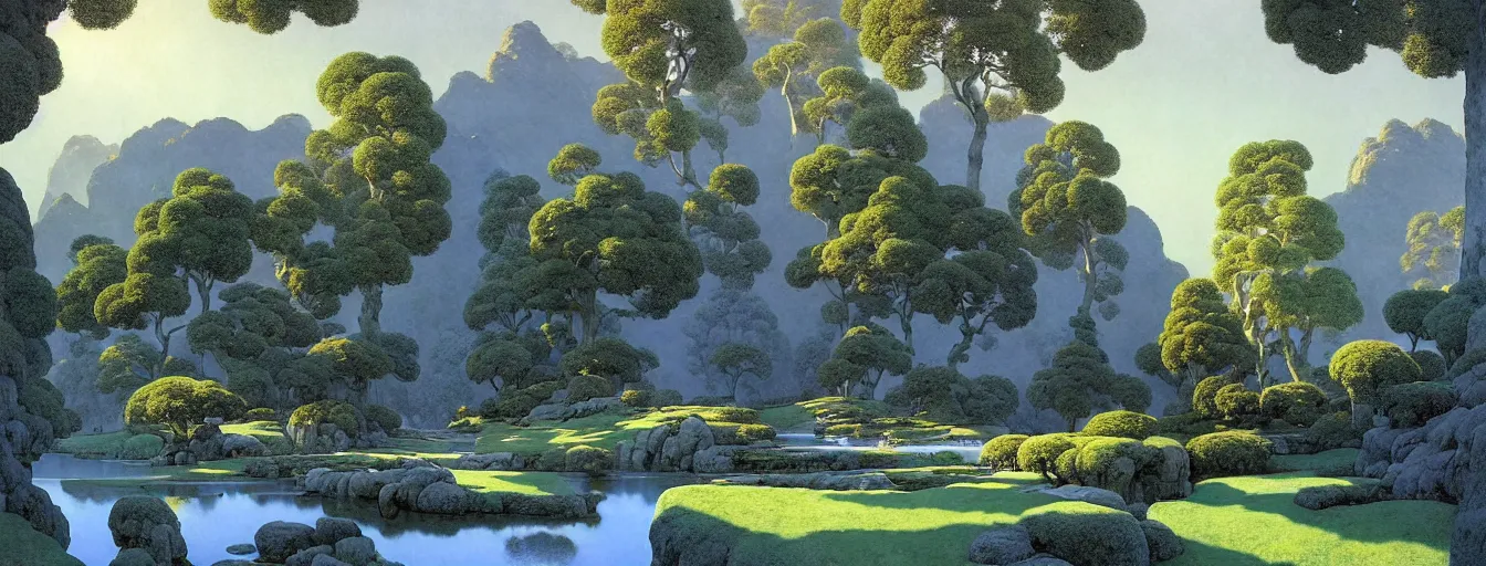 Image similar to a gorgeous very early spring landscape of tree canopies painting by barlowe wayne maxfield parrish and marco mazzoni. tree no leaf!!!! china mountain village!! grey blue and very little light verdancy. the winding stone steps. ultra clear detailed. 3 d, octane render. turbulent blood lake.
