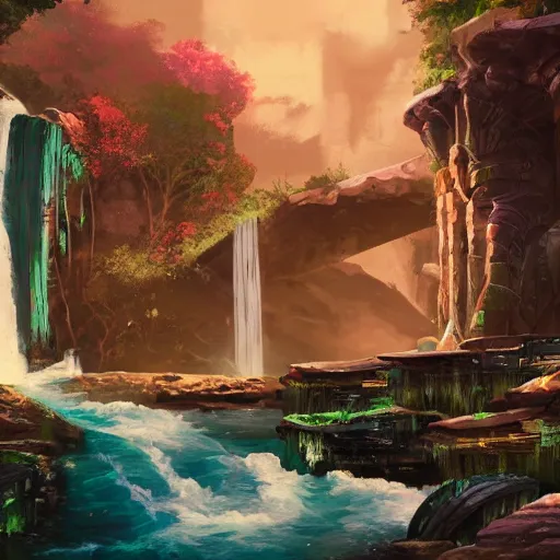 Prompt: ancient ruins and waterfalls, retrowave art, cyberpunk, trending on art station