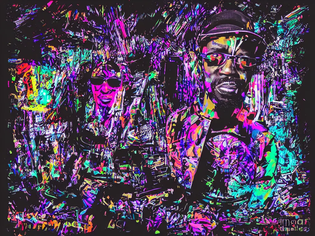 Image similar to a spectacular wideangle digital art portrait of dj black coffee playing at a rave in ibiza, digital art