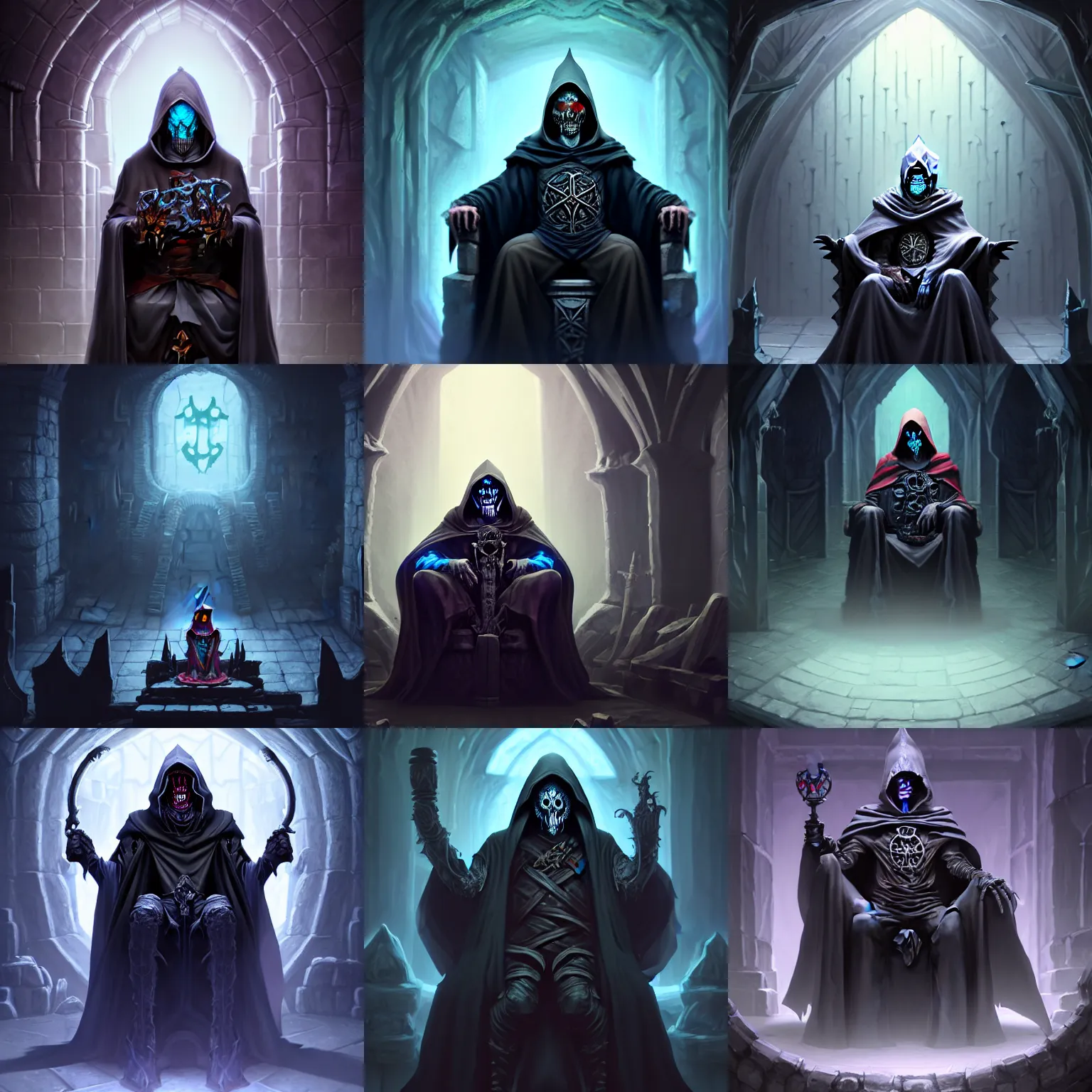 Prompt: lich wizard necromancer sitting on a throne inside dungeon crypt, wearing a dark hood and completely blank mask, gray stone wall behind him by Stanley Artgerm Lau, WLOP, Rossdraws, James Jean, Andrei Riabovitchev, Marc Simonetti, and Sakimichan, Unreal Engine, 4k, trending on Artstation