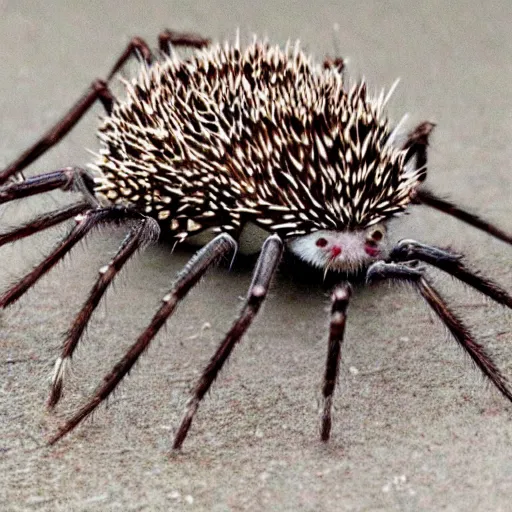 Image similar to spiders, a hedgehog with spiders on its back instead of spikes, spiders, scary, freaky