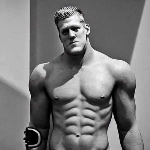 Image similar to “a realistic detailed photo of a guy who is an attractive humanoid who is half robot and half humanoid, who is a male android, football player JJ Watt, shiny skin, posing like a statue, blank stare”