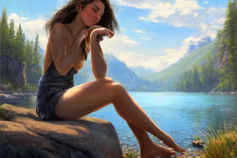 Prompt: an epic cinematic masterpiece of hyperrealism in which a girl sits on a rock by a lake with her feet in the water, a realistic poster with shaded lighting from craig mallismo, artgerm, jeremy lipkin and michael garmash, unreal engine, radiant light, detailed and complex environment, digital art, art station trends