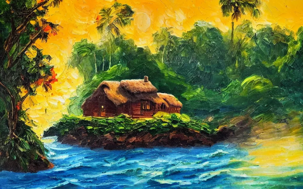 Image similar to a small island surrounded by water with a cozy cottage, with a garden courtyard, tropical forest, river, waterfall, sunset, puffy clouds, dramatic and dynamic lighting, thick brush strokes oil impasto painting