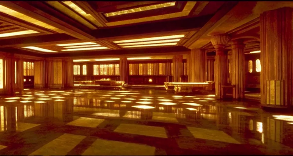 Prompt: An establishing shot from a 2021 fantasy film of the interior of an opulent palace designed by Frank Lloyd Wright. Incredibly beautiful.