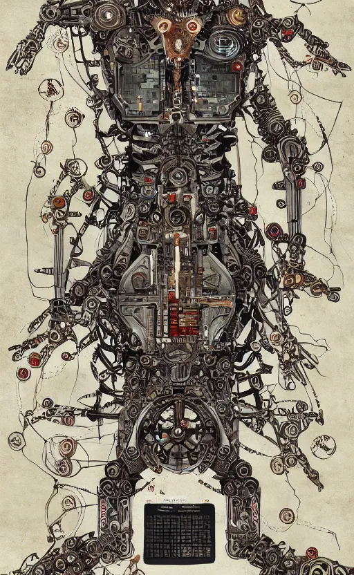 Image similar to anatomy of the vitruvian terminator, robot, cyborg, t 1 0 0, bloodborne diagrams, mystical, intricate ornamental tower floral flourishes, rule of thirds, technology meets fantasy, map, infographic, concept art, art station, style of wes anderson