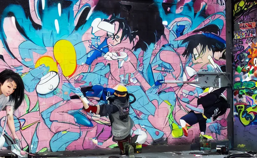 Image similar to a scene where a graffiti artist is tagging a wall, digital painting masterpiece, painted by joji morikawa, by osamu tezuka, by yukito kishiro, by ikuto yamashita, 4 k wallpaper, beautiful, gorgeous