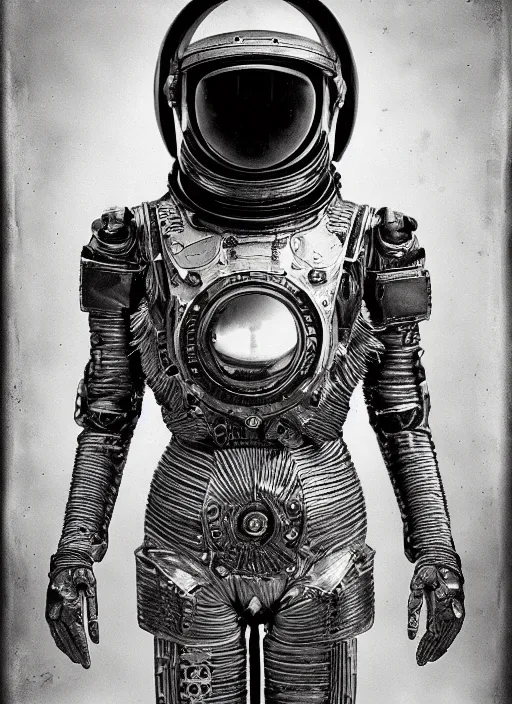 Image similar to old wetplate daguerreotype portrait of a futuristic silver armored space astronaut cyborg, fractal, intricate, elegant, highly detailed, parallax, leica, medium format, subsurface scattering, by jheronimus bosch and greg rutkowski and louis jacques mande daguerre