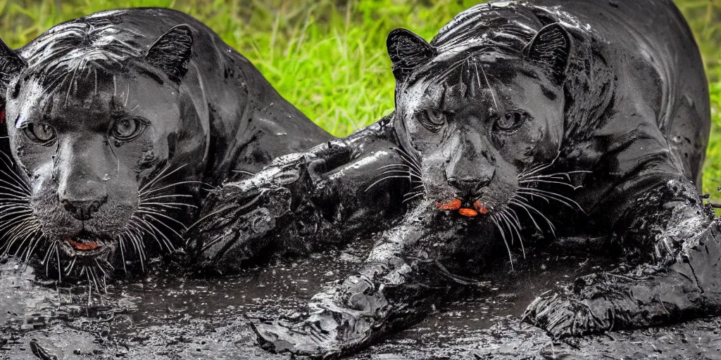 Image similar to a panther, made of ferrofluid, bathing inside the tar pit, full of tar, covered with ferrofluid. dslr, photography, realism, animal photography, color, savanna, wildlife photography