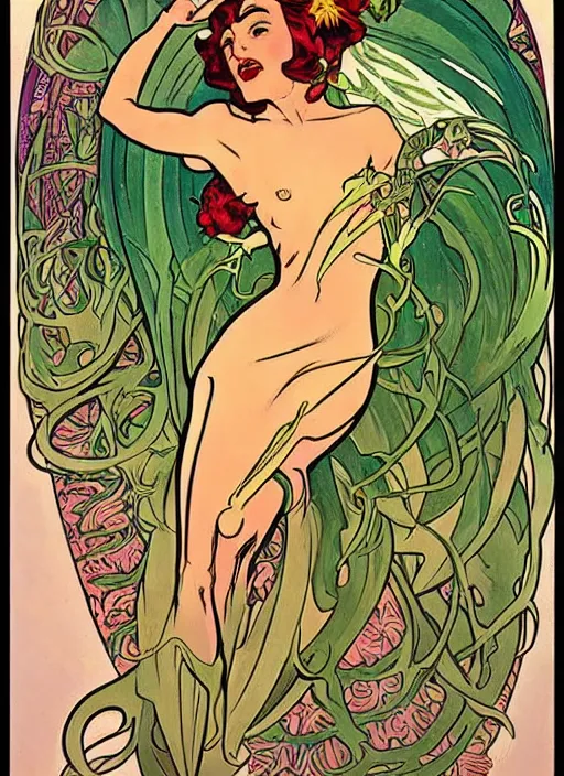 Image similar to a beautiful young woman. she is a flower fairy. well composed, clean elegant painting, beautiful detailed face. retro comic book art by steve ditko and jack kirby and ( alphonse mucha )