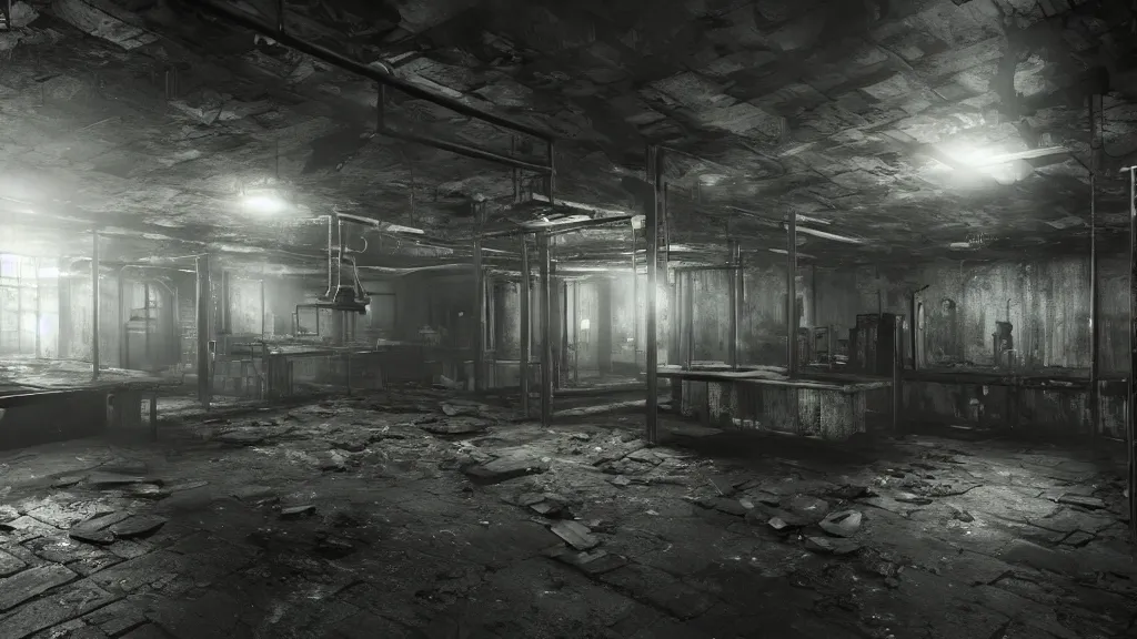 Image similar to a dark ransacked underground laboratory, photorealistic, cryengine 8 k uhd