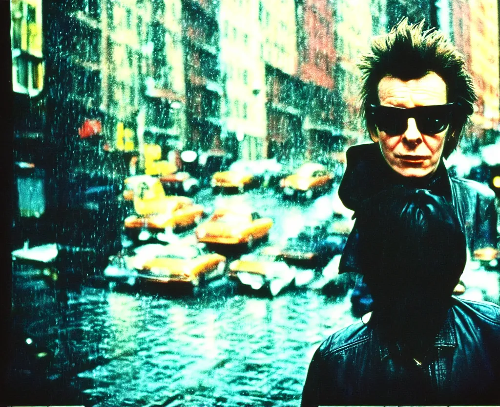 Image similar to closeup of young Garry Oldman as Sid Vicious on the lower east side by Alex Cox, Polaroid, raining!!!, nightime, colorful, 1970s, photorealistic, atmospheric,