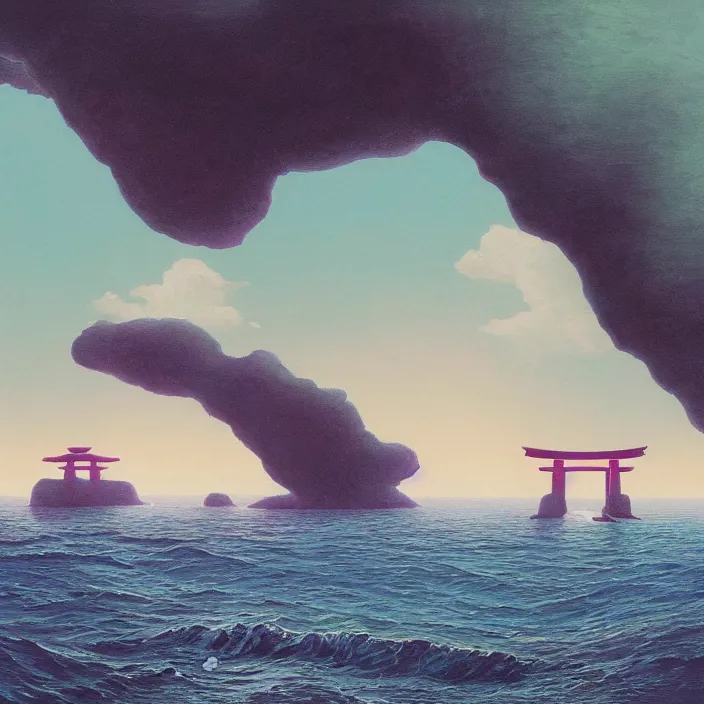 Prompt: a beautiful painting of a torii at sea by simon stalenhag and zdzisław beksinski and rene magritte and greg rutkowski, in style of digital art. hyper detailed, sharp focus, soft light. octane render. ray tracing. trending on artstation