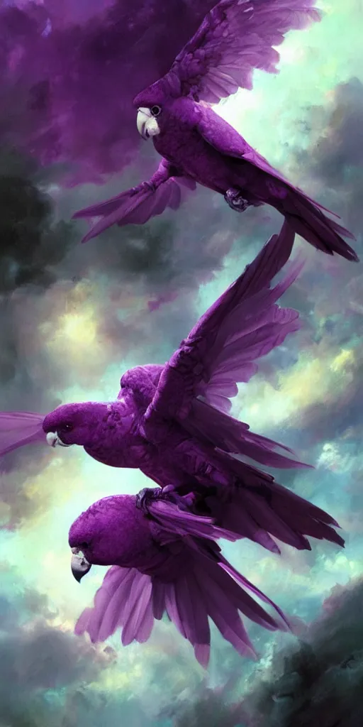 Image similar to a painting of a purple parrot flying through the sky, poster art by raymond swanland, deviantart, fantasy art, christian, deviantart, mystical