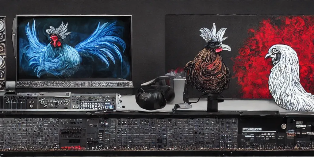 Image similar to 'black rooster'!!! smoking 'cannabis'!!!!!! in front of 'audio console'!!!! and 'pc masterrace RGB custom build'!!!!! 'multi monitors and projectors'!!!! 'in a hi-tech tv broadcasting studio with red camera rig'!!!!, artwork by James Gilleard