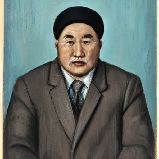 Image similar to a realistic portrait of abai kunanbayev in a modern city