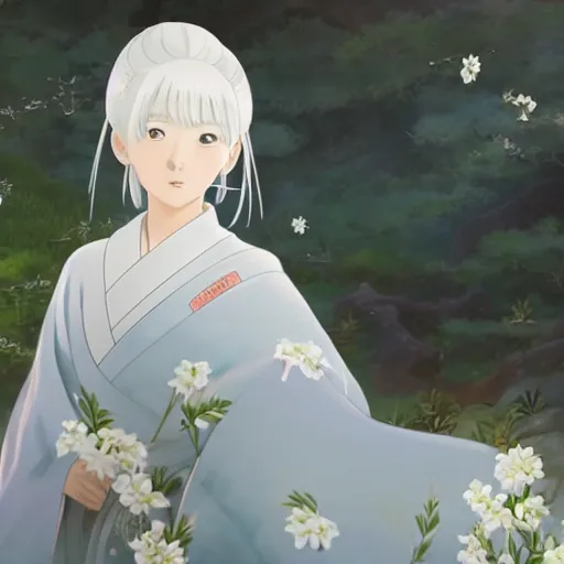 Image similar to Portrait of a japanese princess young lady, with white hair and bangs!!!! beauty artwork by Makoto Shinkai, Studio Ghibli, white hair, ayaka genshin impact, ayaka, ayaka game genshin impact, ayaka, extremely detailed, beautiful, establishing shot, artistic,