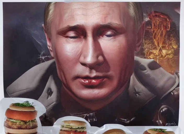 Image similar to face of a putin jammed between hamburger buns, leaking with puss, 4k, trending on artstation, Frank Frazetta, Norman Saunders