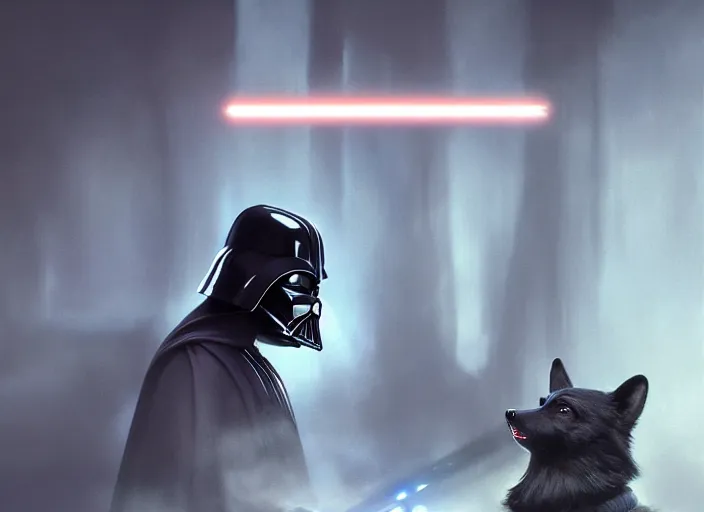 Image similar to a Photorealistic dramatic hyperrealistic render of darth vader with lightsaber drawn facing off against a calm cute corgi, futuristic star wars vibe, by WLOP and Artgerm and Greg Rutkowski and Alphonse Mucha, Beautiful dynamic dramatic dark moody lighting, shadows, cinematic atmosphere, Artstation, concept design art, Octane render, 8K, masterpiece, sharp focus