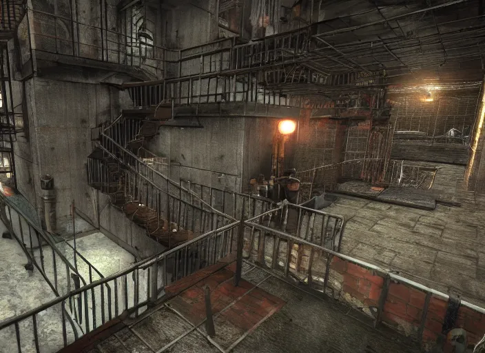 Image similar to wire, grate, iron, pipes, steam, plant, fans, stairs, rust horror darkness, highs detailed, unreal engine