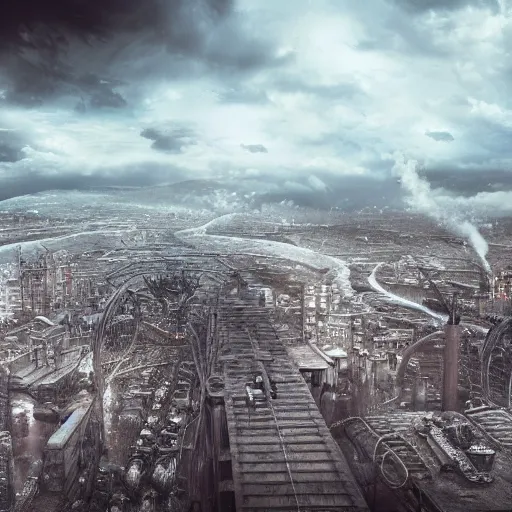 Prompt: steampunk city view from the sky, clouds, moody, cold, steampunk, realistic, high detail, 8 k photo, detail, clean, cinematic, fantasy, technology, engines, steam, steam machine, zeppelin,