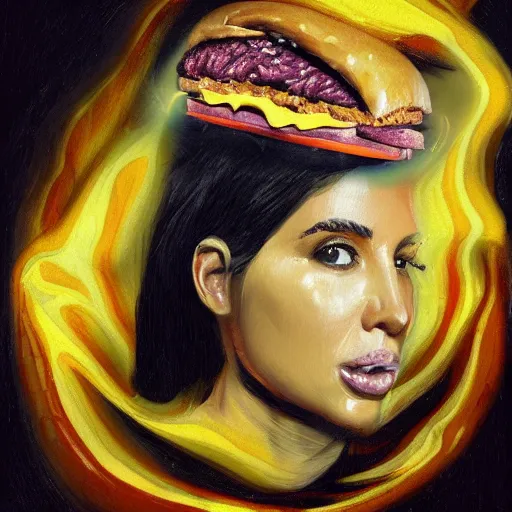 Prompt: mysterious portrait of Kim Kardashian emerging from the dark void eating burger, face partially melting like glitching out LSD effect, figure in the darkness of renaissance, serving big macs, covered in ketchup,Francisco Goya, painted by John Singer Sargant, Adrian Ghenie, style of Francis Bacon, highly detailed, 8k, trending on artstation