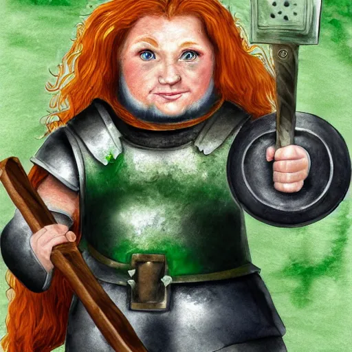 Image similar to water colour of a dwarven woman, ginger hair, green eyes, holding hammer and shield with plate armour