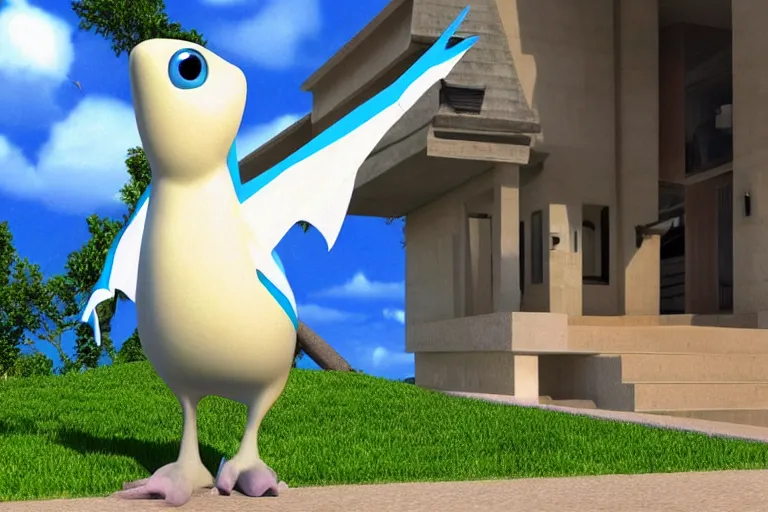 Prompt: high resolution pixar 3 d picture digital art latios the serpent standing in front of house looking at camera